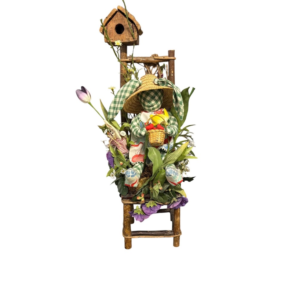 Rustic Easter Bunny Ladder Chair Display Birdhouse Gingham Rabbit Spring Decor‎